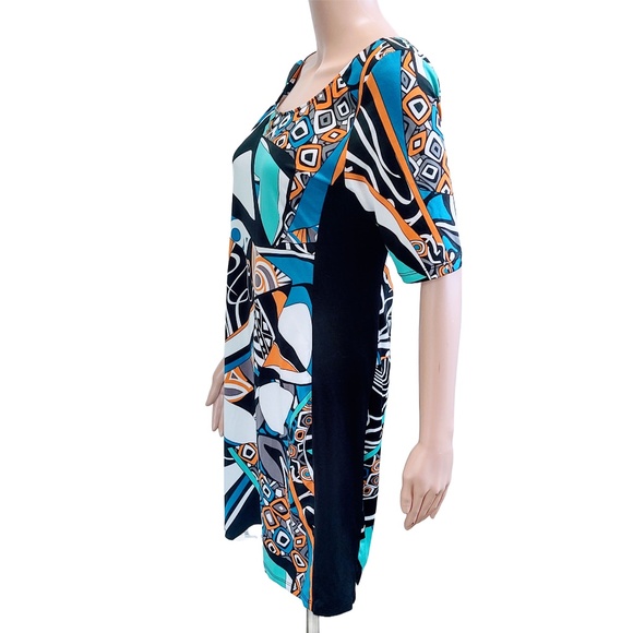 EUC KATHERINE BARCLAY GEOMETRIC BLACK/WHITE/GREEN POLY/SPANDEX SHEATH DRESS S/P - Picture 4 of 8